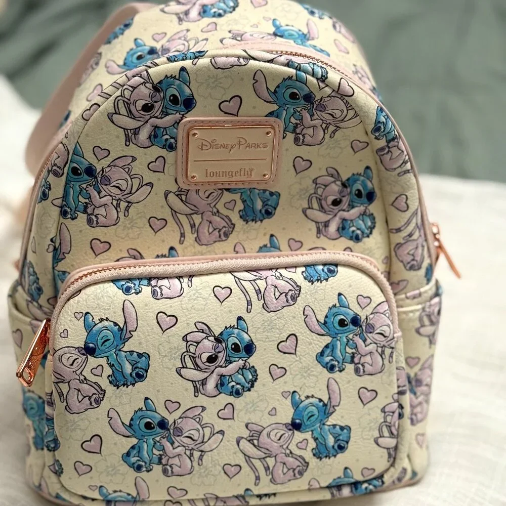 🎒 Disney Parks Loungefly Stitch & Angel Mini Backpack – Pastel Hearts Print - Picture 1 of 8
